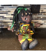 African-American Girl 16&quot; Handmade Fabric Doll Black Hair Braids With Cl... - $34.37 CAD