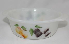 Vintage Small Fire King Milk Glass Casserole Dish - Hand Painted Fruit D... - £6.72 GBP