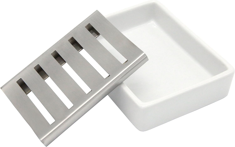 Ceramic Soap Dish Stainless Steel Soap Holder for Bathroom and Shower Double Lay Item image 4