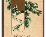 Happy New Year Pine Boughs Gibson Lines Gilt Deco DB Postcard W21 - $3.91