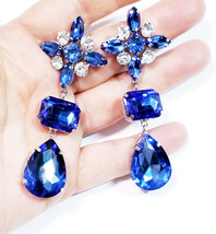 Bridesmaid Drop Earrings, Rhinestone Crystal Earrings, 3.3 inch Blue Chandelier  - £28.91 GBP