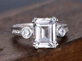 3CT Emerald Cut CZ Diamond Engagement Wedding Ring 14K White Gold Finish - £123.85 GBP