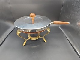 Vintage MCM Copperware Chafing Dish 11&quot; Pan Copper &amp; Brass Stand Wood Ha... - €32,80 EUR