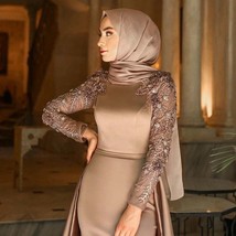 Beautiful Elegant Champagne Long Sleeves Muslim Evening Dress with Detachable Ov - £343.65 GBP