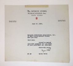 1924 Horace Swetland Condolence Letter Typed Signed The Myron Zobel Publications - £15.44 GBP