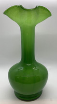 Antique Blown Art Glass Green Stripe Optic Cased Scalloped Vase Rough Pontil 8.5 - £26.07 GBP