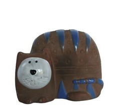 Vintage brown &amp; blue stoneware stylized cat bank - £19.60 GBP