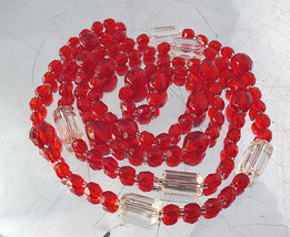 Art Deco Czech Red and Crystal Necklace Cathedral Bead Flapper length 34&quot; - $39.00