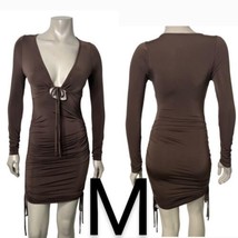 Brown Long Sleeve Front Tie Side Ruched Ties Stretchy Bodycon Dress~Size M - £23.70 GBP