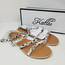 Katliu Women&#39;s Flat Strappy Studded Rhinestone Gladiator Sandals Size 9 - £22.28 GBP