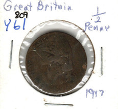 Great Britain 1/2 Penny, 1917, Bronze, KM61 - $1.00