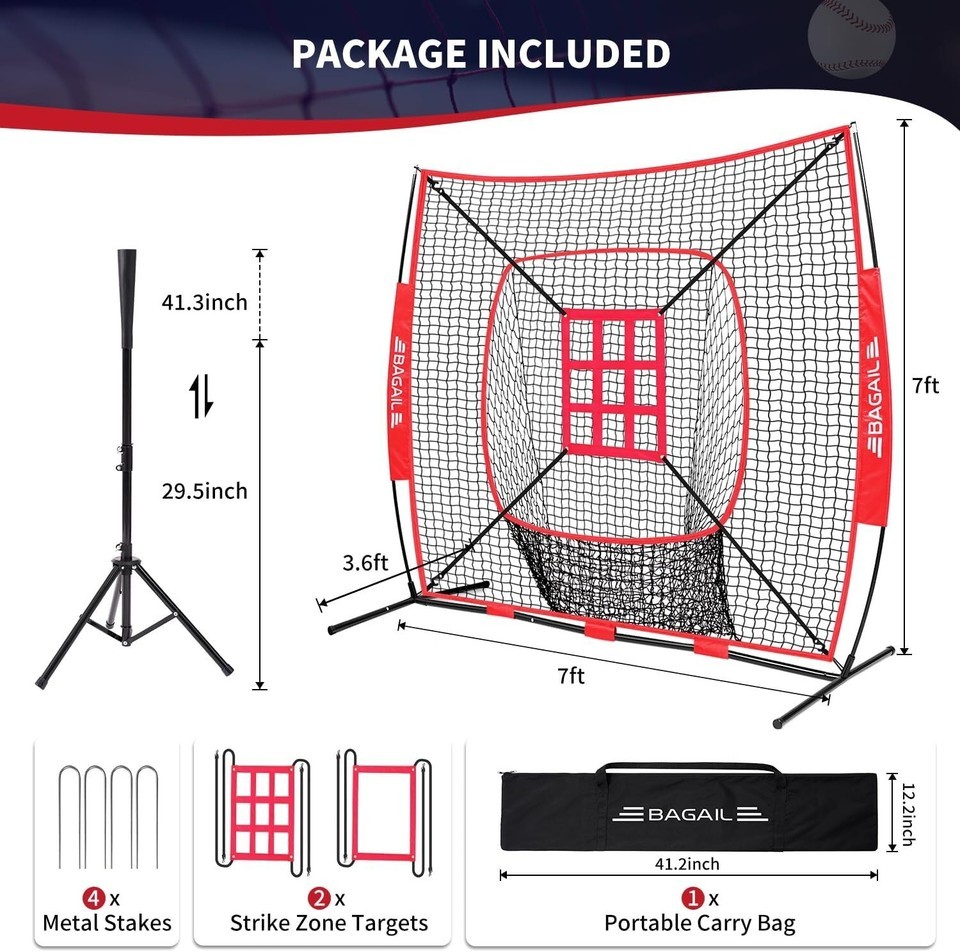 Durable 7x7 ft Baseball & Softball Practice Net with Batting Tee & Carry Bag Item image 5