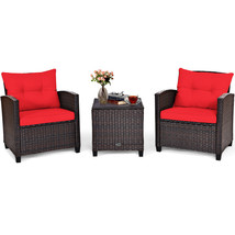 3PCS Patio Rattan Furniture Set Cushioned Conversation Set Sofa Coffee Table Red - £236.47 GBP