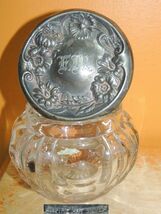 EAPG Glass Vanity Jar 4&quot; Empire Art Silver Lid repousse Famous nouveau a... - $33.74