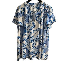 Rose + Olive Top Womens 2X Blue Wave Print Chiffon Flutter Sleeve Tunic Flowy - £24.99 GBP