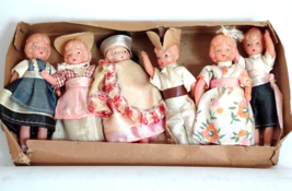 Vintage Lot of (6) Miniature 3.5&quot; Celluloid Dolls w/Box Boys &amp; Girls Japan - £46.34 GBP