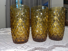 Pier 1 Amber Glass Tumbler Cup Embossed 5.75”H 3” Across Set Of 3 - £15.68 GBP