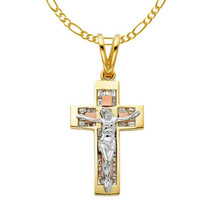 Genuine 14k Tri-tone Gold 1.45&quot; Cubic Zirconia Fancy Crucifix Necklace 16&quot; to 24 - £975.81 GBP+