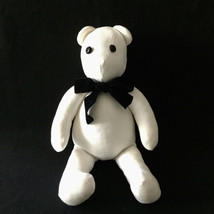 Vintage 90s Handmade White Teddy Bear Plush Textile 19&quot; Tall Black Bow - £24.75 GBP