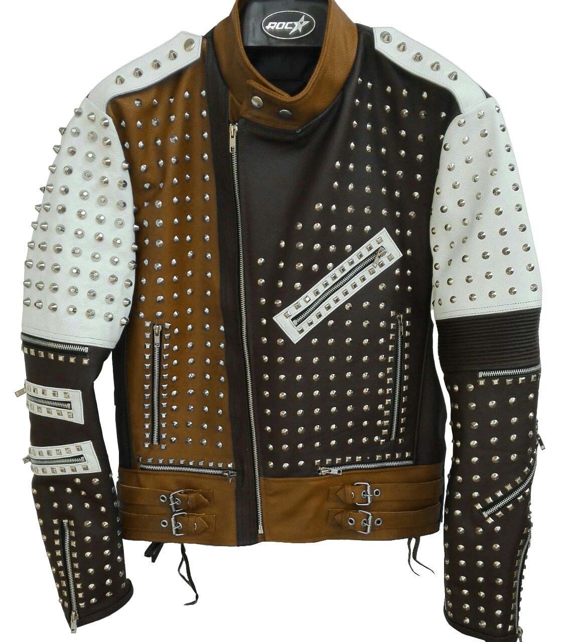 Leather's Planet Men's Silver Studded Leather Jacket Men Black/White/Brown biker
