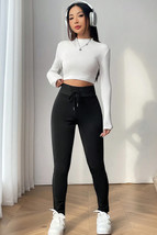 Black Solid Drawstring Waist Thermal Lined Leggings - $15.90