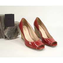 Prada Red Patent Leather Espadrille Wedge Peep Toe Heels Size 37 EUC - £128.57 GBP