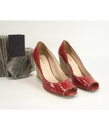 Prada Red Patent Leather Espadrille Wedge Peep Toe Heels Size 37 EUC - $163.67