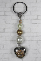 Heart Crown Glass Pearl Beaded Handmade Keychain Split Key Ring Ivory Gold Ecru - £15.81 GBP