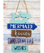 Ebros Teal Mermaid Wall Decor Sign Mermaid Kisses &amp; Starfish Wishes Plaq... - £20.71 GBP