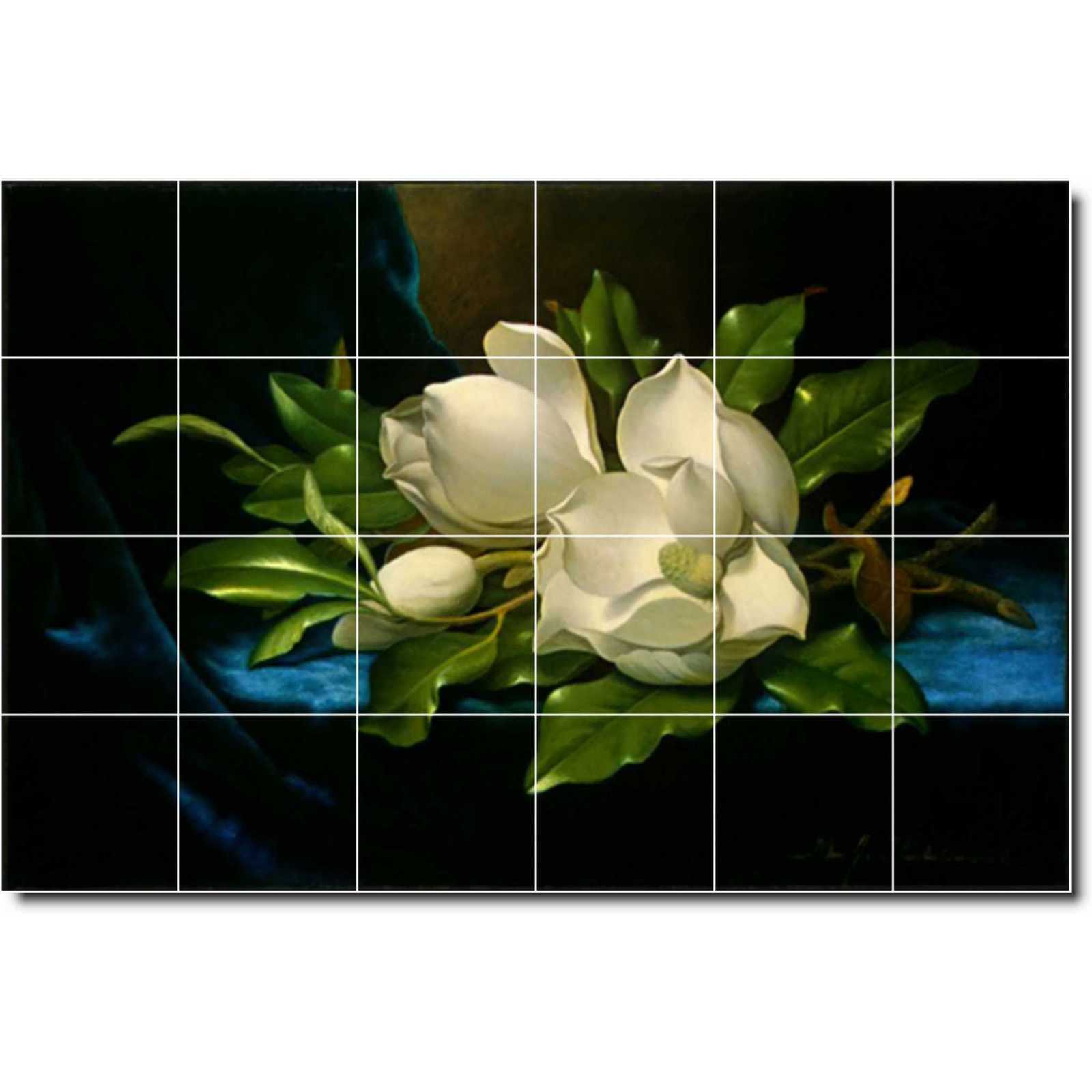 Heade martin giant magnolias on a blue velvet cloth