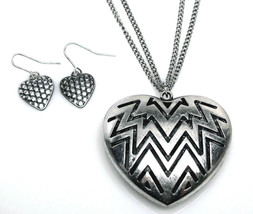 Silver Double 28&quot; Long Chain ZigZag Heart Necklace Earrings Set Mother&#39;s Day - £14.24 GBP
