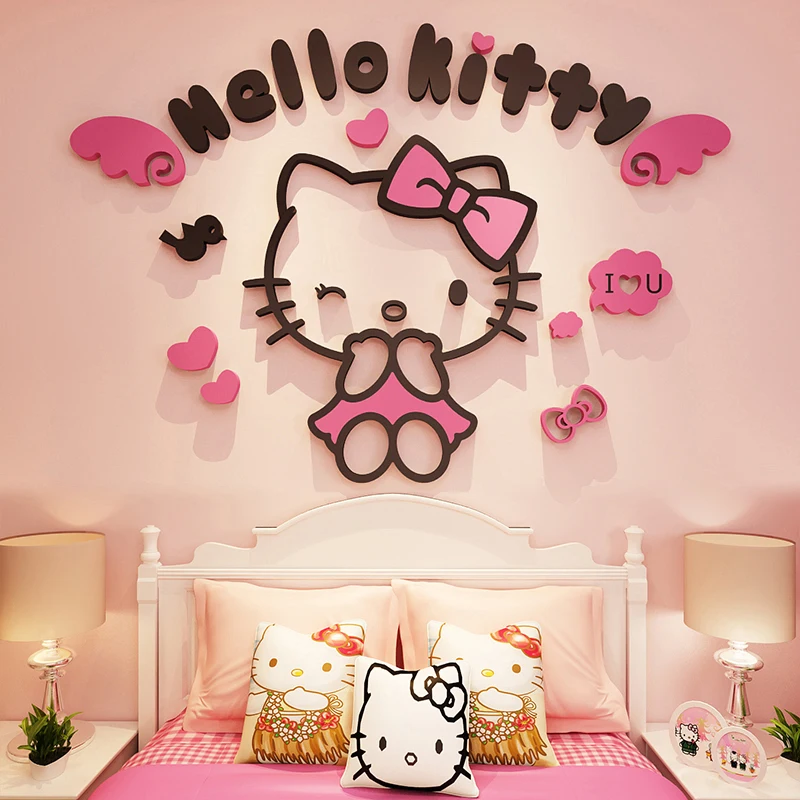 Sanrio Children&#39;s Room 3D Wall Sticker Hello Kitty Cartoon Genuine Acrylic Girl - £16.59 GBP+