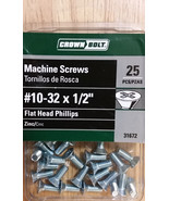 25-Pc Machine Screws #10-32 x 1/2 Phillips Flat Head Zinc Crown Bolt 31672 - $6.95