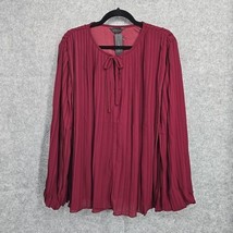 Adiva Blouse Woman Plus Size 2X Pleated Burgundy Lined Split Neck Long Sleeves - $45.82