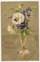 Vintage Postcard Best Wishes Pansy Flowers Pansies in Vase Gold Background - £6.30 GBP