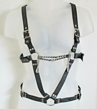 Black Leather Adjustable Body Harness with Braided Metal Bit - $148.50