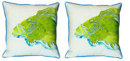 Pair of Betsy Drake Green Fish Large Indoor Outdoor Pillows 18x18 - £71.43 GBP