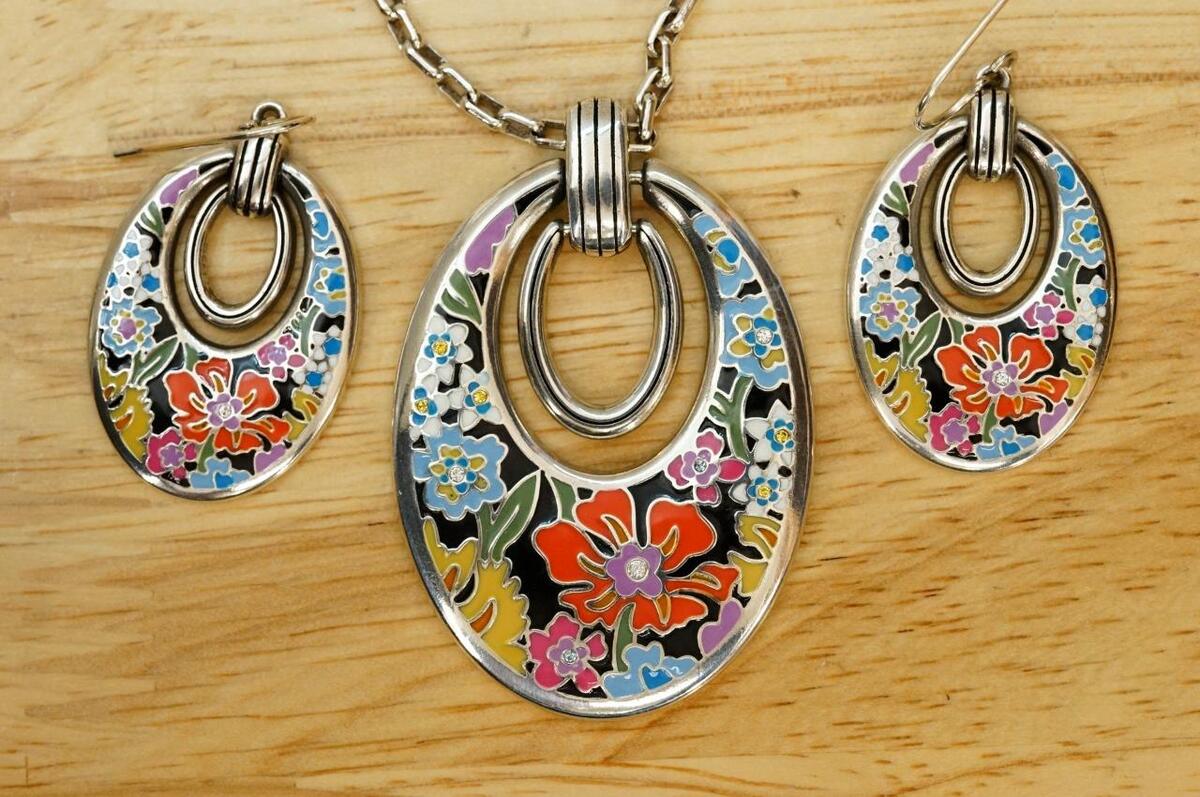 BRIGHTON Jewelry Painted Poppies Flower Pendant Necklace &amp; Earrings Set - $84.14
