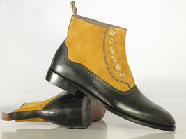 Handmade Men&#39;s Black Yellow Brogue Toe Boots, Men Leather Suede Button Boots - £129.74 GBP+