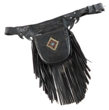 NWOT TRIBE AMERICA Black Leather Holster Belt Bag Beaded Inlay Fringe Silver HW - £179.31 GBP