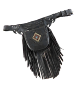 NWOT TRIBE AMERICA Black Leather Holster Belt Bag Beaded Inlay Fringe Si... - £182.21 GBP