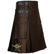 Brown Cotton Scottish utility kilt Two Cargo Pockets Leather Strap kilt For men - £39.83 GBP