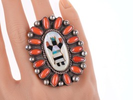 Sz8 Large Vintage Zuni silver inlay coral cluster ring - £477.18 GBP
