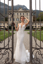 Mermaid Wedding Dress V-Neck Spaghetti Straps &amp; Unique Waist in Floral Lace - $489.00