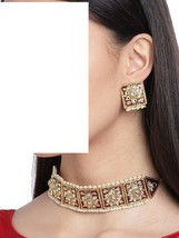 Red Ethnic kundan goldplated Necklace Earrings Chokar Jewelry Set Holy G... - $30.57