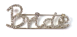 Bride Brooch Pin White / Colorless Rhinestones Silver Tone Word Letters - £9.43 GBP