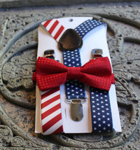 USA flag suspenders,red kids bow tie 6mo 12 m 2T 3T 4T 5T boy 4 july pat... - £10.39 GBP