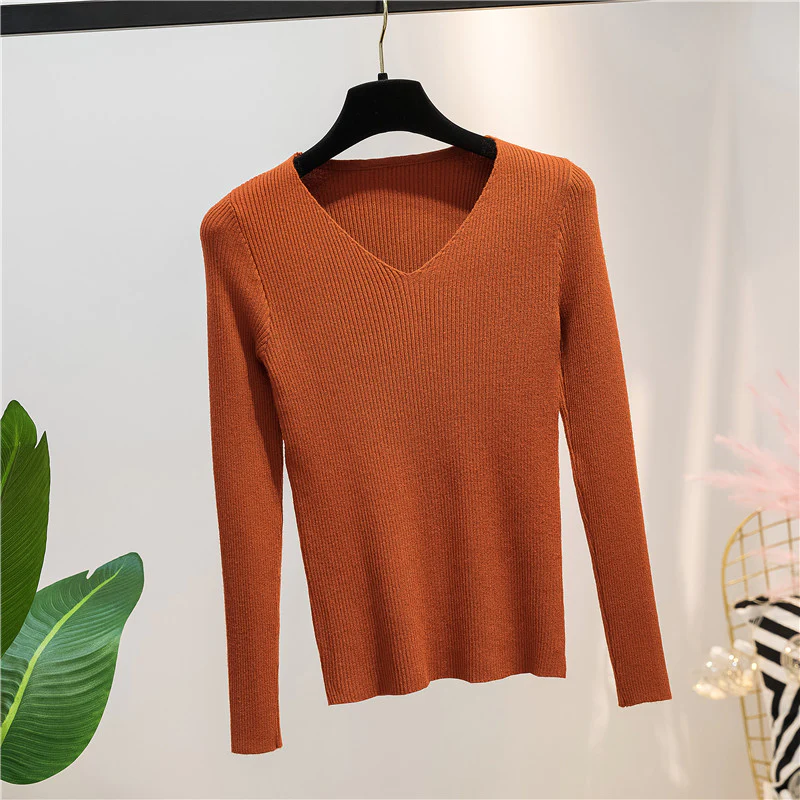 Coffee Autumn And Winter V-neck Knitted Long-sleeved Slim - $35.60