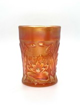 Vintage Carnival Glass Cup iridescent tumblr marigold orange Flowers cattails - £44.06 GBP