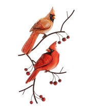 Dual Cardinal Wall Plaque 23" High Metal Male and Female Birds Bright Red Color 